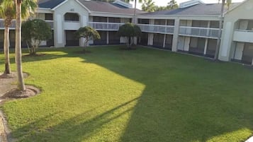 Un patio con césped, palmeras y un edificio con balcones.