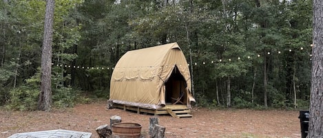 A tent in a forest with a picnic table and a fire pit nearby.