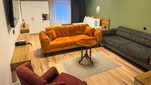 A modern living room with a sofa, a red armchair, a coffee table, and a television mounted on the wall. - Fethibey Otel (Bartın)