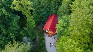 Vista aérea de una cabaña de techo rojo rodeada de un bosque verde y frondoso.