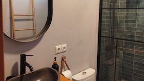 A bathroom with a wooden vanity, a large mirror, a sink with a stone basin, a toilet, and a glass shower enclosure. - House with pool ribadavia (Francelos)