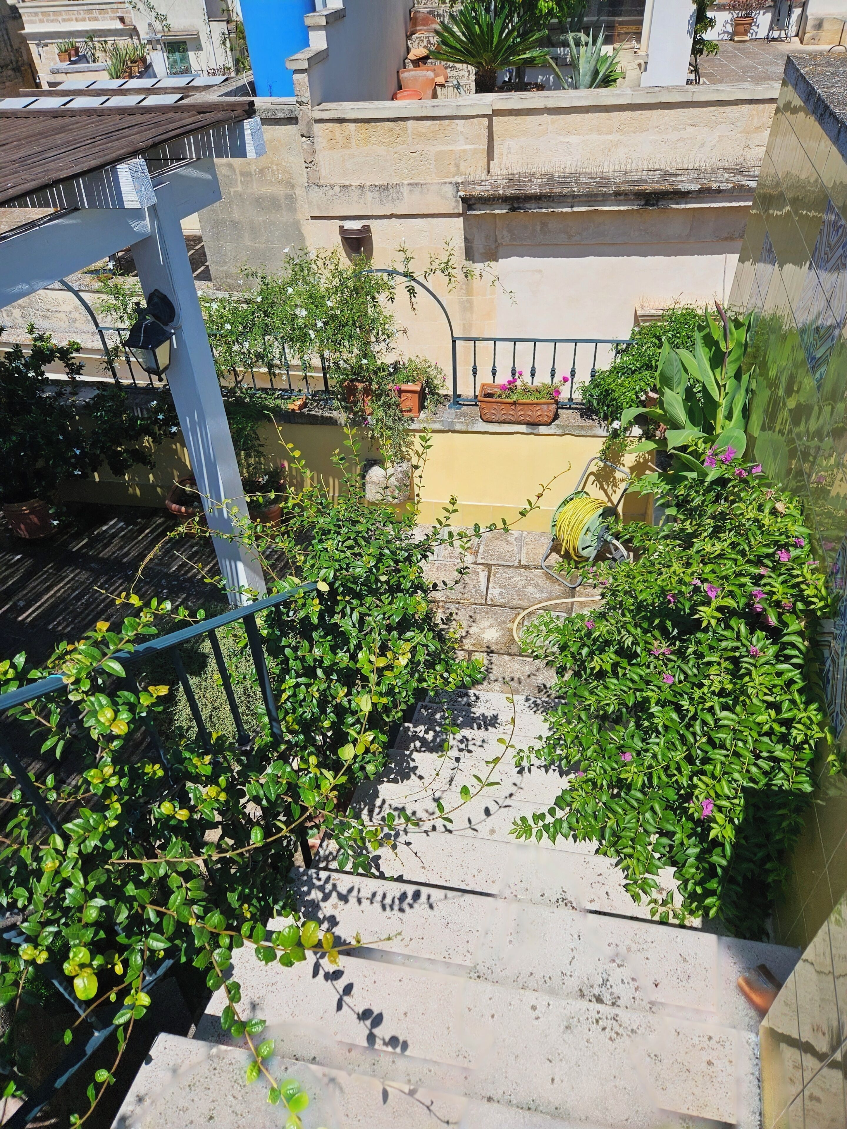 Ein Dachgarten mit Kübelpflanzen, einem Wasserspiel und einem Metallgeländer.