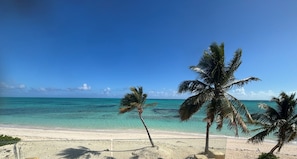 Ein Strand mit klarem türkisblauem Wasser, Palmen und einem sandigen Ufer.