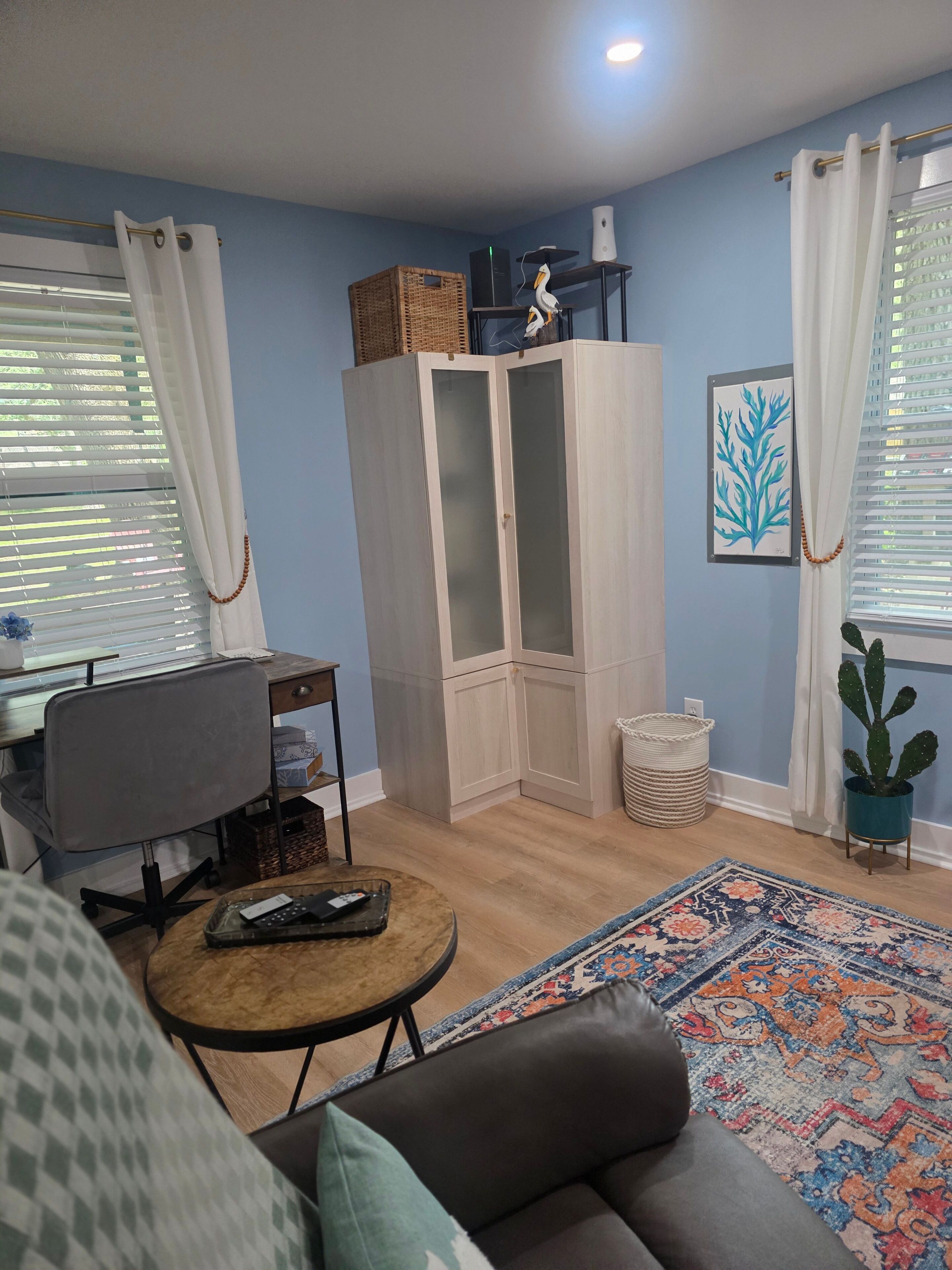 Un salon avec un canapé, une table basse, un téléviseur, un meuble et un cactus.