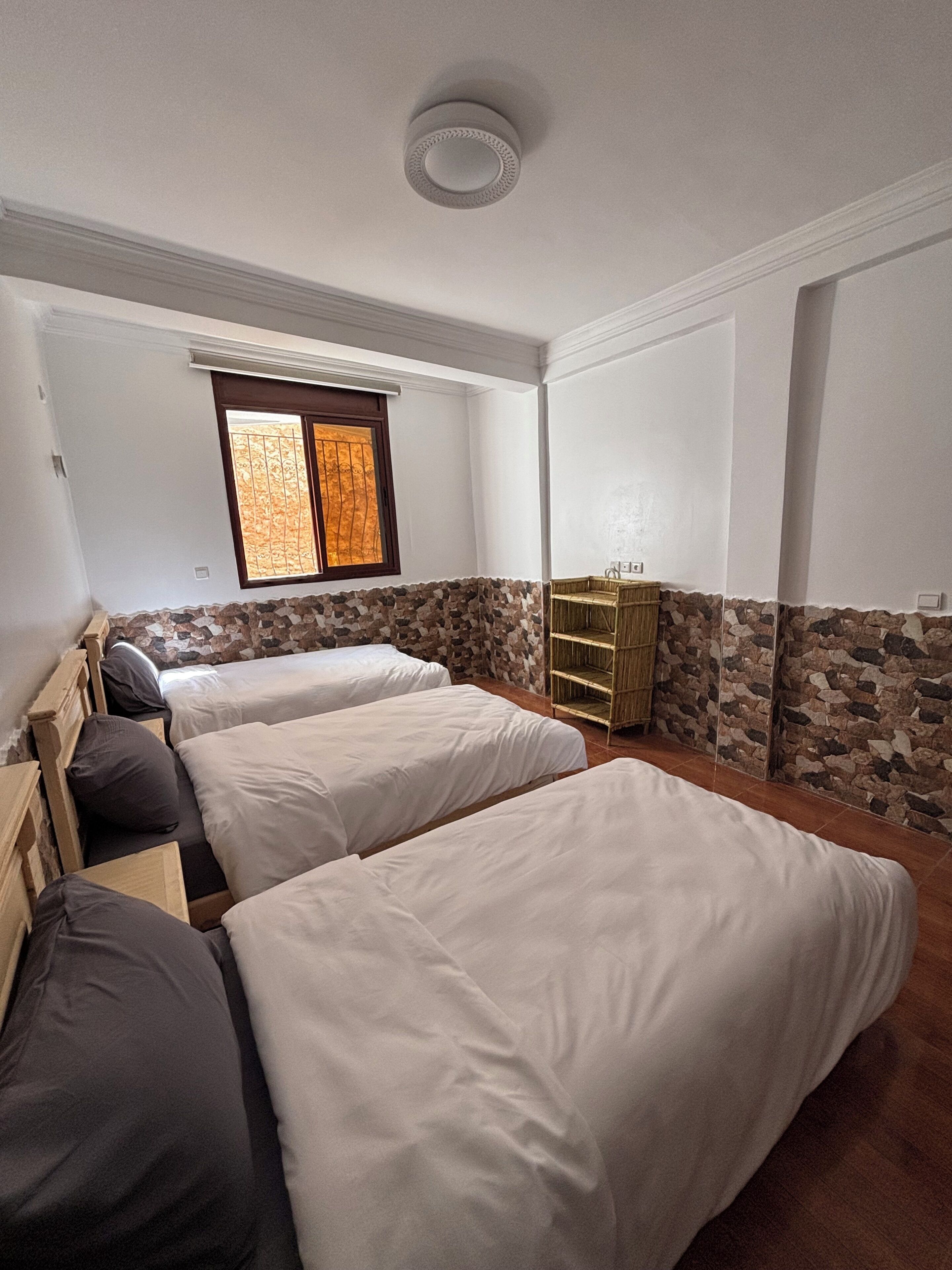 A bedroom with two beds, a window with a view, a stone wall, and a ceiling light.