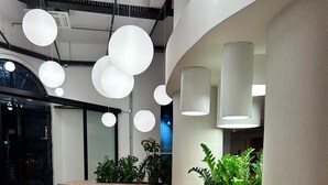 Un comptoir d’accueil moderne au design incurvé, agrémenté de plantes en pot et d’un éclairage suspendu.