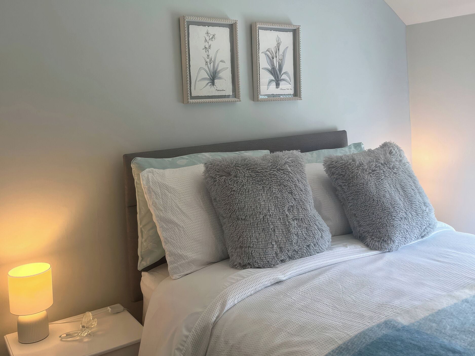 Een bed met zachte kussens, een bedlampje en twee ingelijste botanische afbeeldingen aan de muur.