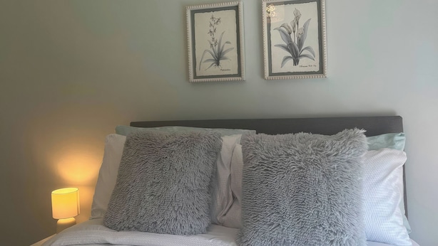 A bed with fluffy pillows, a bedside lamp, and two framed botanical illustrations on the wall. - Fron-haul (Llansantffraid-ym-Mechain)