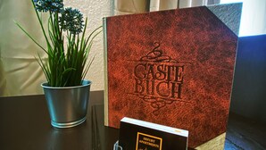 A table with a potted plant, a red textured card, and a black card with a logo. - Apartment at the ford (Erfurt)