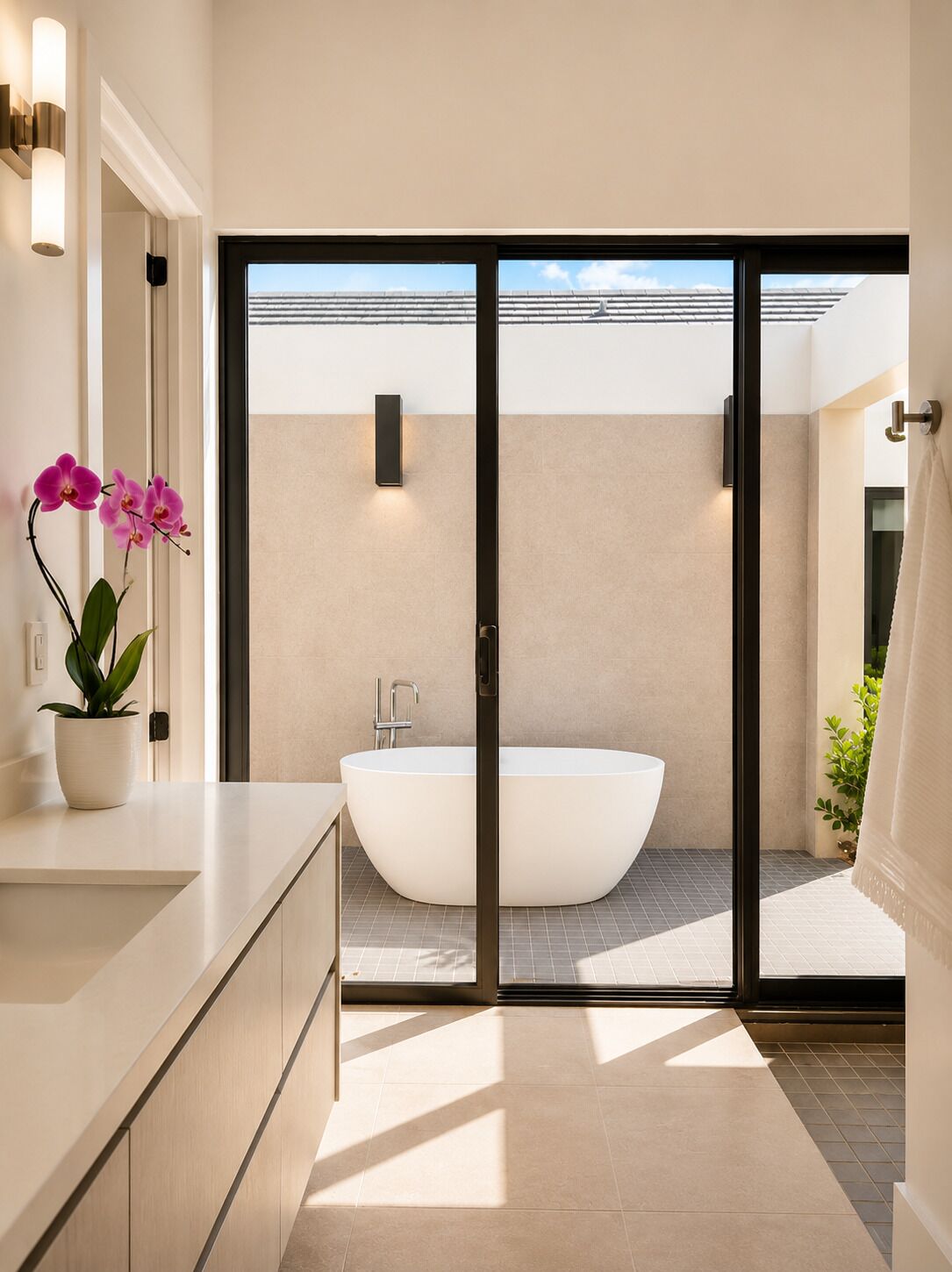 A modern bathroom with a freestanding bathtub, a potted orchid, and a large sliding glass door leading to an outdoor area.