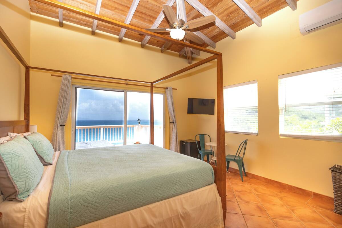 A bedroom with a large bed, a ceiling fan, a TV, and a view of the sea.