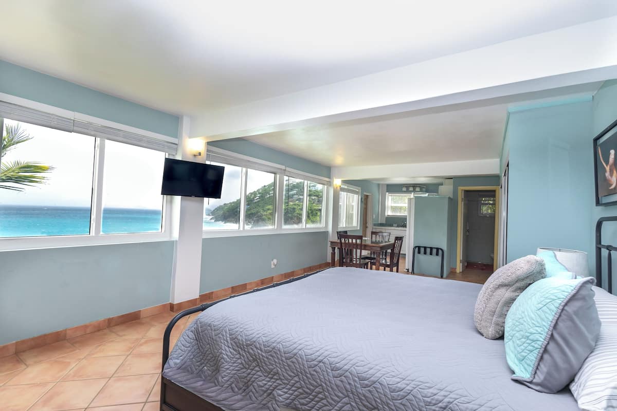 A bedroom with a large bed, a TV mounted on the wall, a dining area, and a view of the ocean.