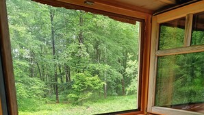A rustic cabin interior with a window view of a forest, a sink with a faucet, and storage shelves. - Cabin “Robin Hood’s Cabin” with Private Terrace and Nordic Bath (Foulcrey)