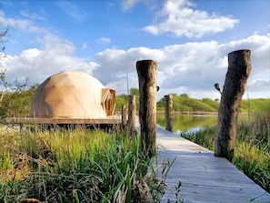 A dome-shaped structure with a wooden door, a wooden dock, and a body of water.