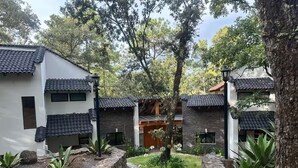A courtyard with stone pathways, a central tree, and buildings with tiled roofs. - CABAÑA RANCHO SAN FRANCISCO TAPALPA (Tapalpa)