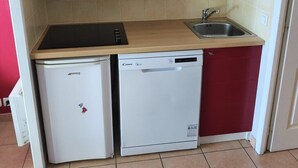 Una cocina compacta con microondas, lavavajillas y fregadero.
