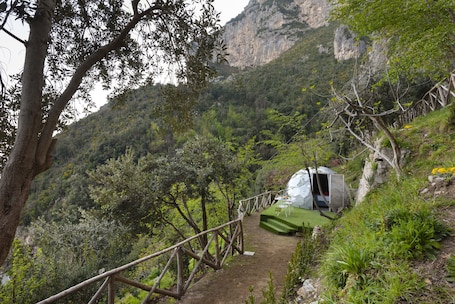 A rustic outdoor setting with a wooden staircase leading to a green platform, surrounded by lush greenery and a mountainous backdrop.. De Vivo Realty - Boscosfera Amalfi
