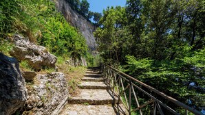 A stone staircase with metal railings leading up a rocky hillside. - De Vivo Realty - Boscosfera Amalfi (Amalfi)