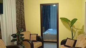 Una habitación con dos sofás, un espejo, una planta y una cama con cortina.