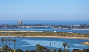 Eine Küstenlandschaft mit einer Brücke, einem hohen Gebäude und einem Strand.
