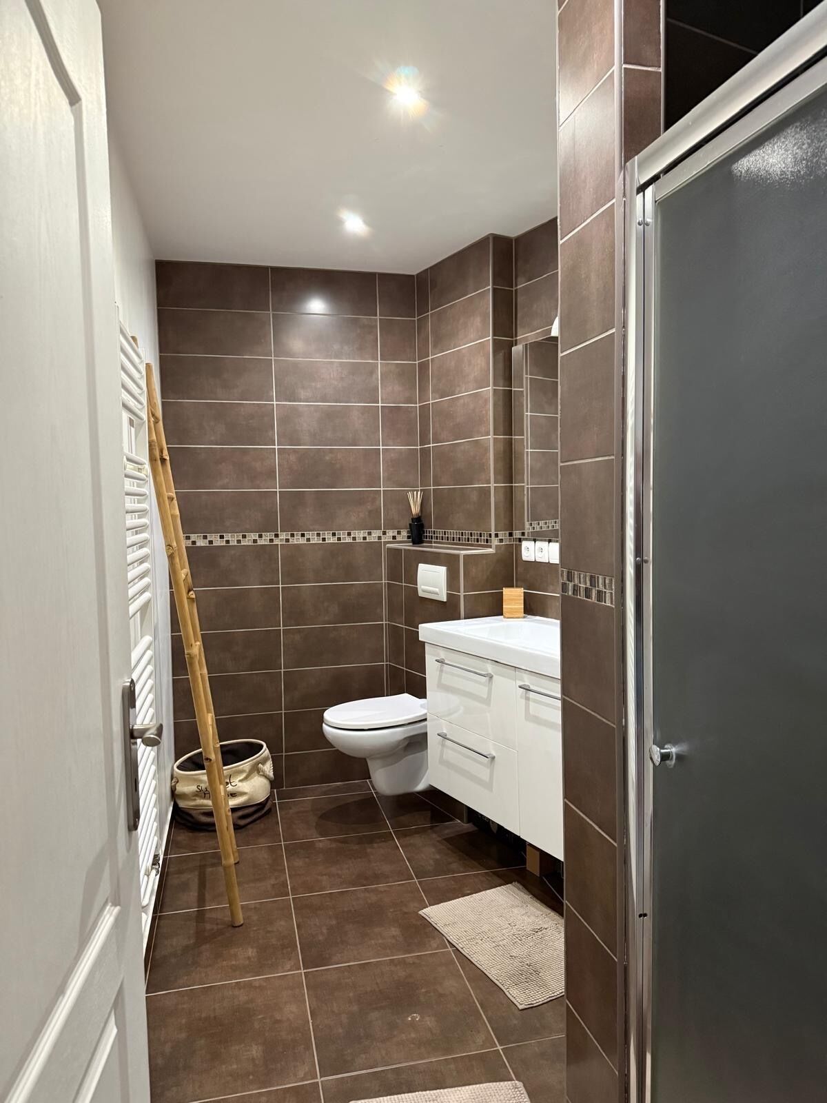A bathroom with dark brown tiles, a white toilet, a white vanity, and a mirror.