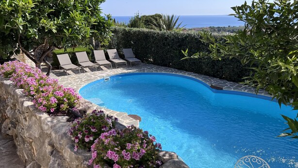 Una piscina con borde de piedra, rodeada de sillas de descanso y flores rosadas.