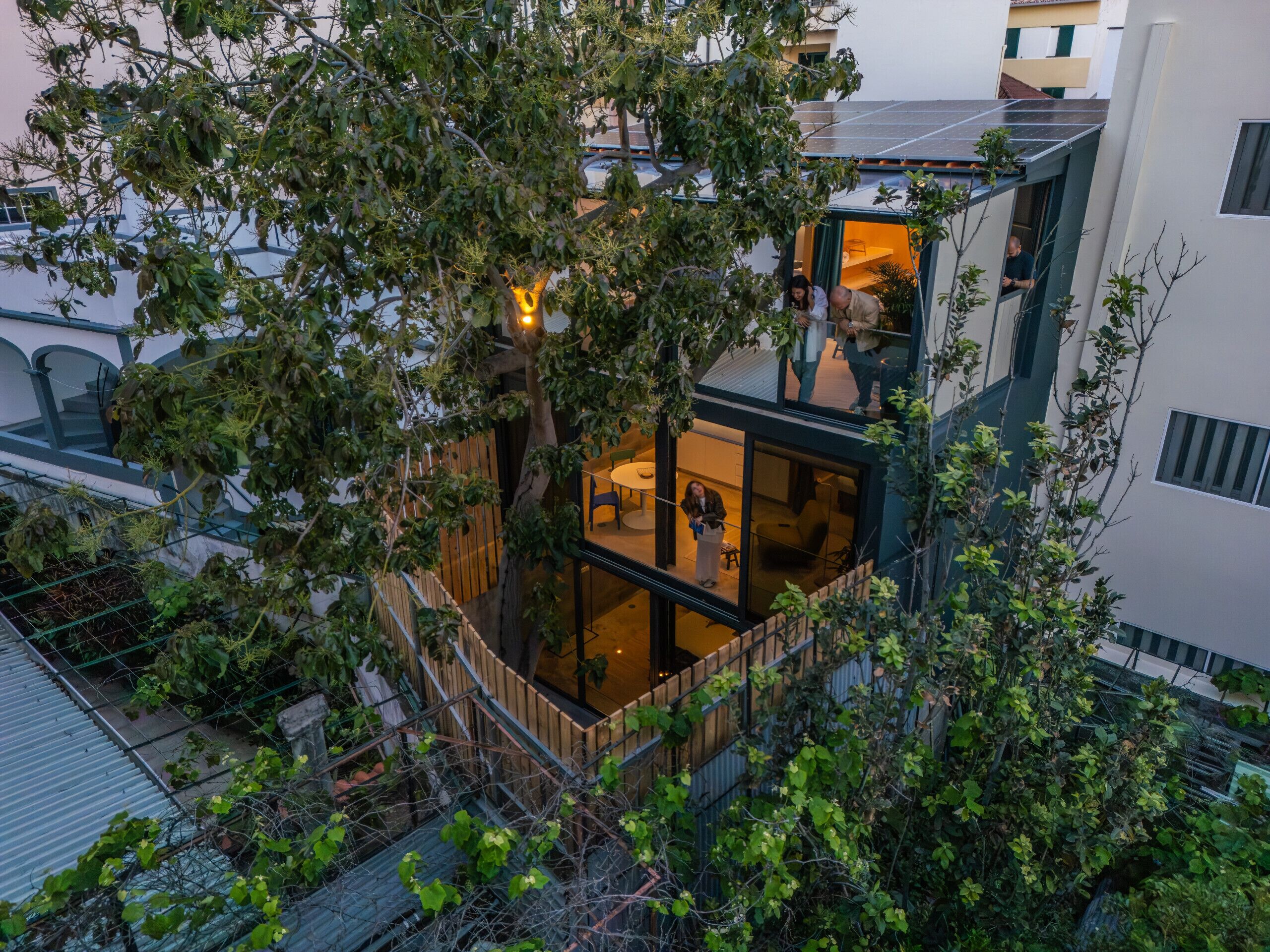 Un bâtiment moderne doté d’une façade en verre, un arbre au premier plan et un escalier menant à un niveau supérieur.