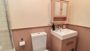 Une salle de bain équipée de toilettes, d’un lavabo et d’un meuble avec miroir.