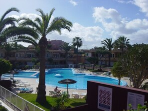 Zona de piscina amb palmeres, gandules i un edifici al fons.