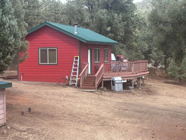 A red cabin with a deck, a ladder, and outdoor furniture.
