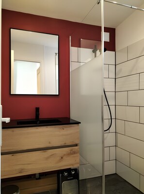 Une salle de bain avec un miroir, un lavabo, une douche et un radiateur.