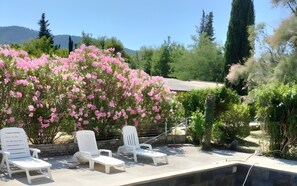 Un espace aménagé au bord de la piscine, avec des chaises longues, une pergola ornée de fleurs roses et une chaßne de montagnes en arriÚre-plan.