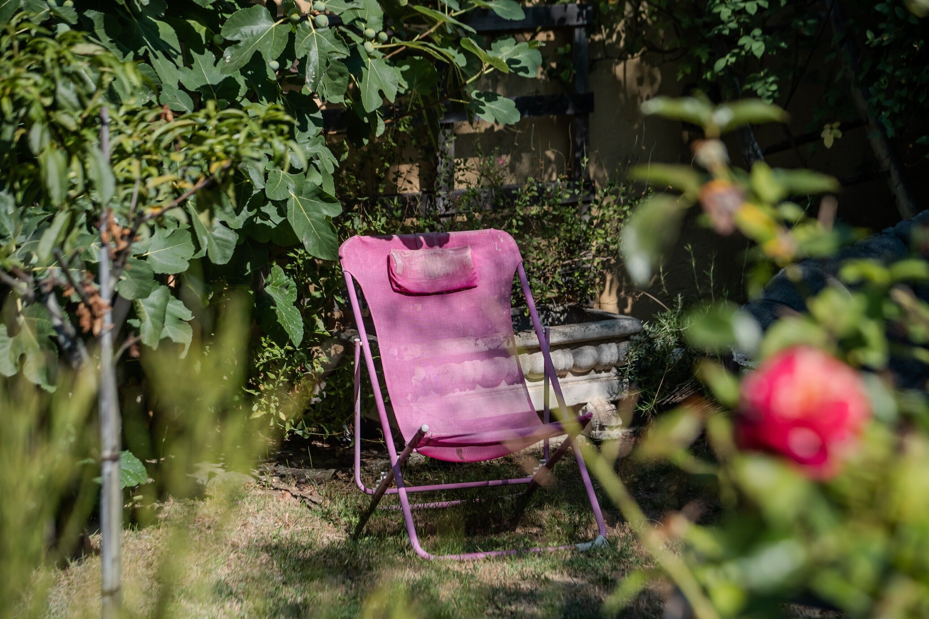 A garden with a pink chair, greenery, and a stone wall.