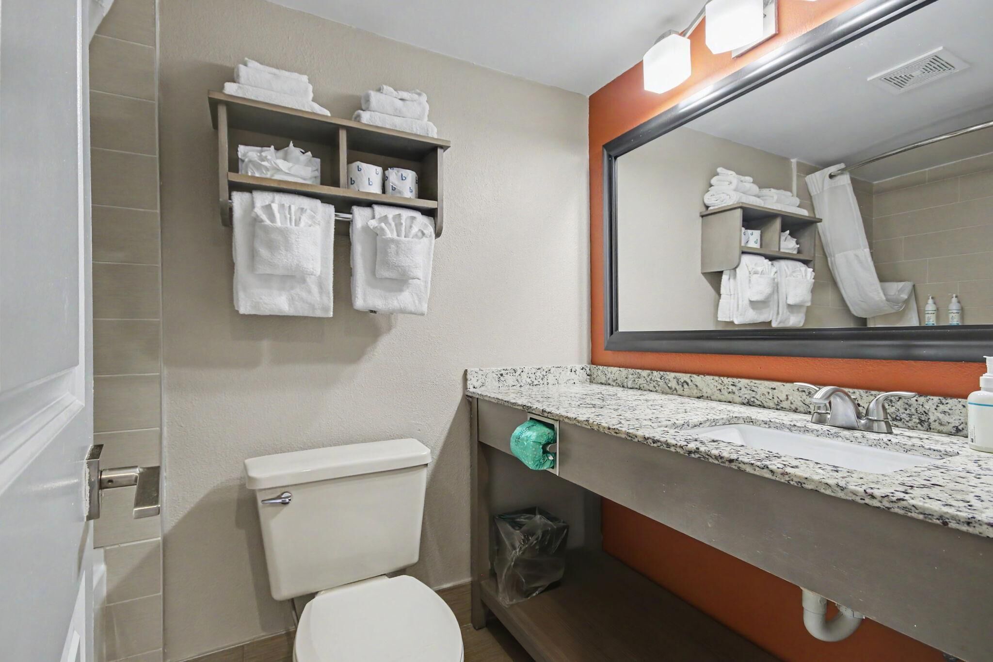 Een badkamer met toilet, wastafel, spiegel en planken met opgevouwen handdoeken.