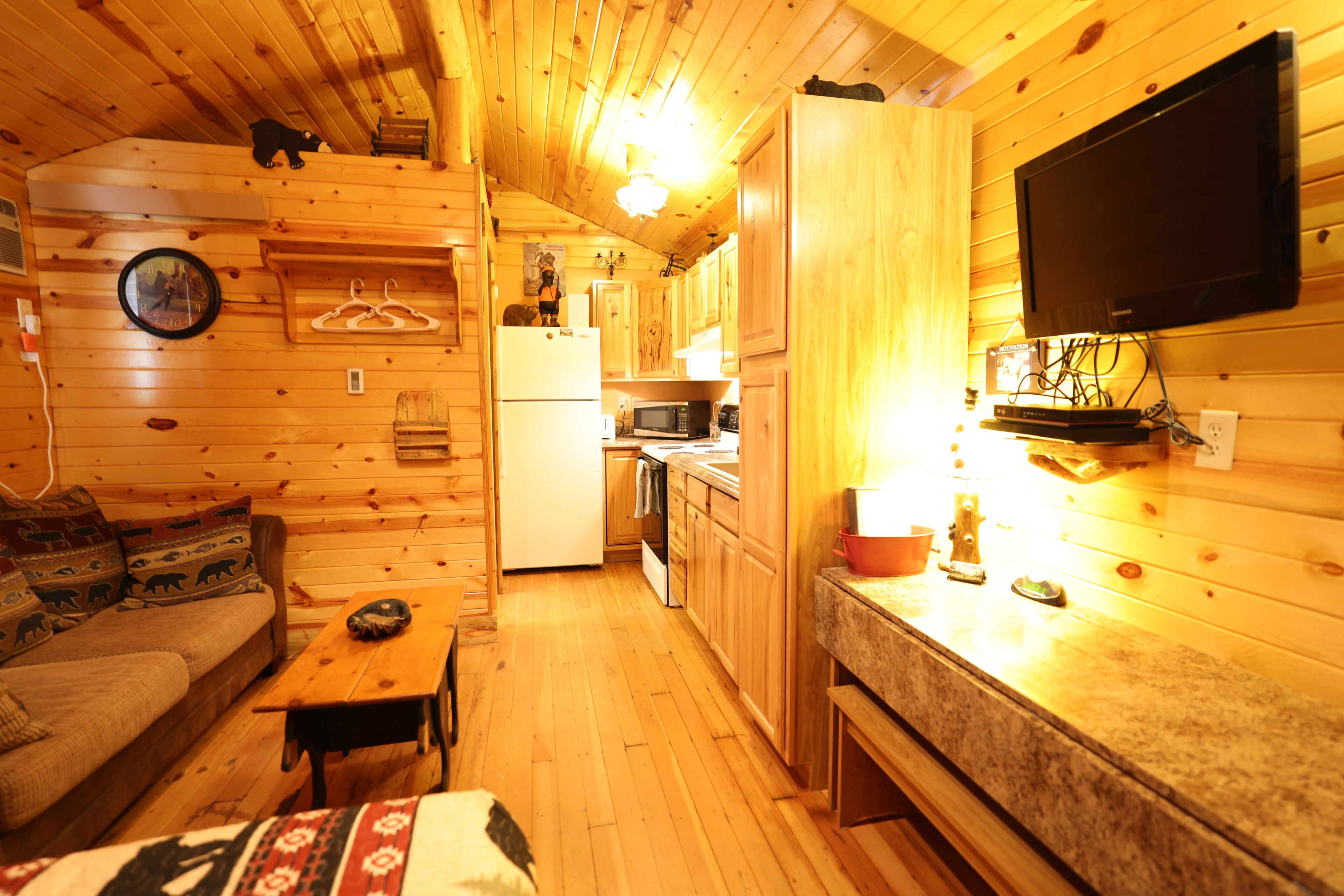 Een vakantiehuisje met houten inrichting, een televisie aan de wand, een keukenhoek en een bank.