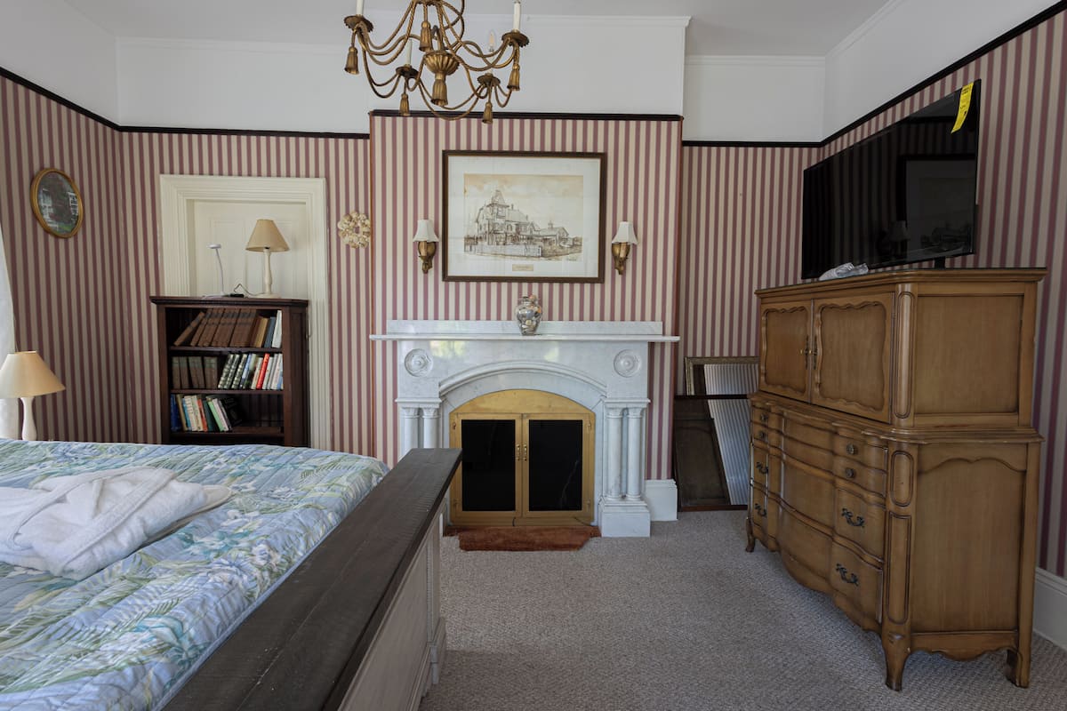A bedroom with a bed, a bookshelf, a fireplace, and a television.