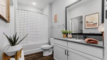 Hair dryer, bidet, towels, soap