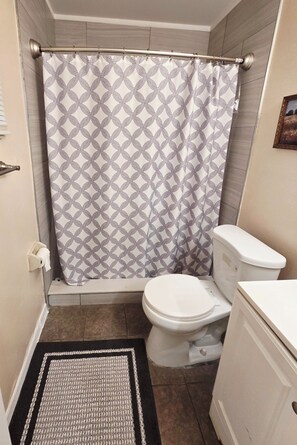 Un baño con cortina de ducha estampada, un inodoro, una alfombra y un armario.