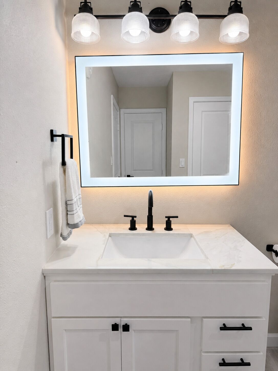 Hair dryer, towels, soap, toilet paper