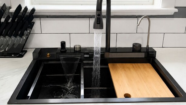 A kitchen with a black faucet, a wooden cutting board, and a knife block. - Private Guest House Free Parking 20min to IAH Airport (Houston)