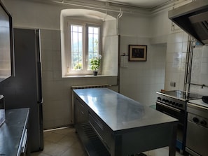 Una cocina con encimera de acero inoxidable, una ventana con una planta y un calendario colgado en la pared.