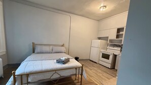 Un dormitorio con cama, una kitchenette pequeña e iluminación en el techo.