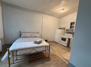 Une chambre avec un lit, un petit coin cuisine et un luminaire au plafond.