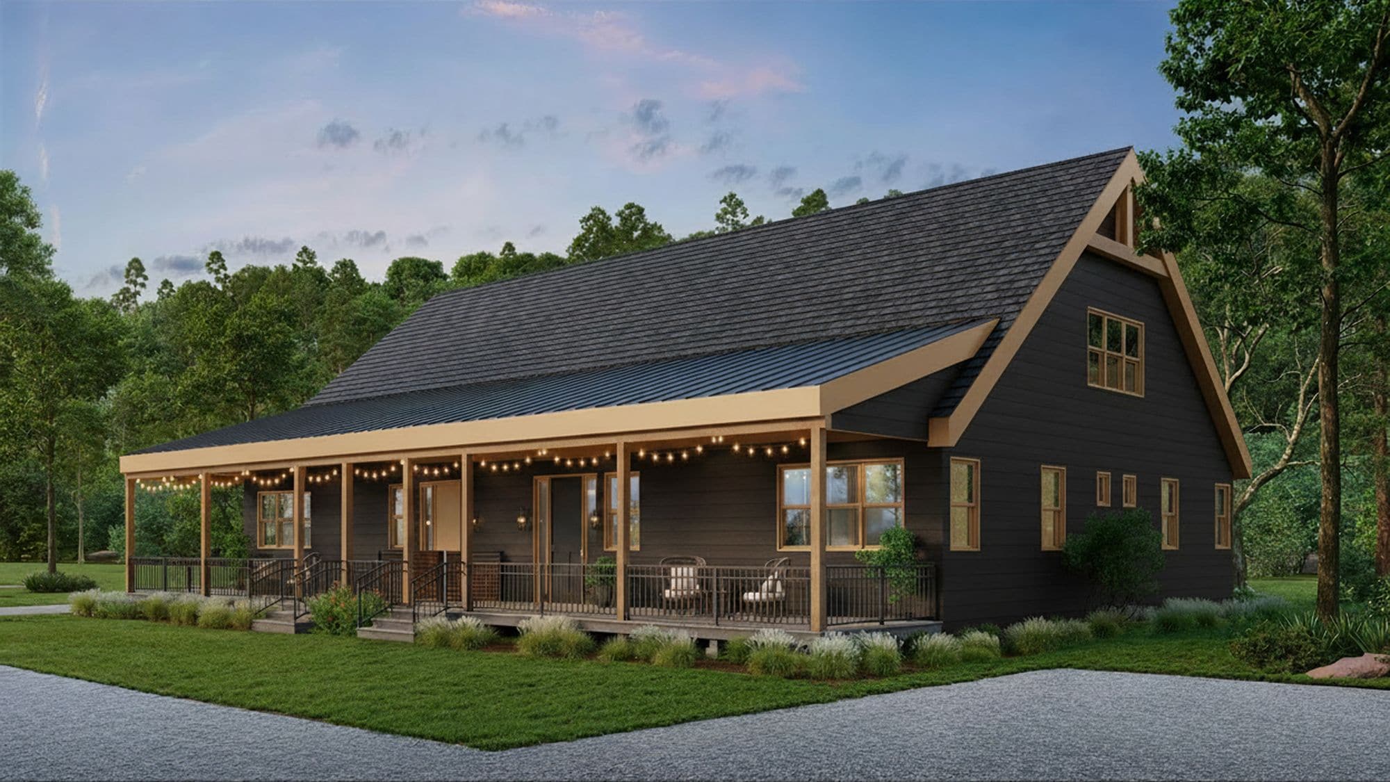 A two-story house with a covered porch and a sloped roof.