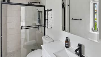 Shower, hair dryer, towels, soap