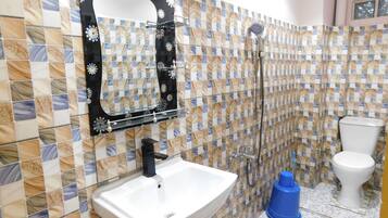 Shower, towels, toilet paper