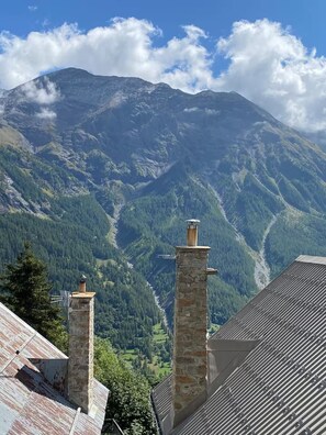 A mountain landscape with a stone chimney and a metal roof.
