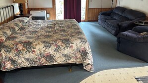 A room with a bed, a sofa, a TV, and a window with curtains. - Serene 1-bedroom cottage with Full Kitchen, TV, WIFI and AC in The Forks (The Forks)