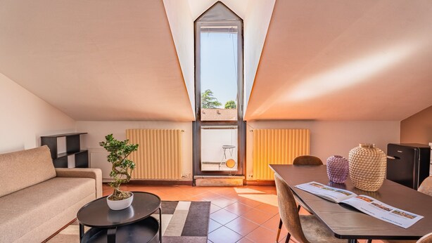 En moderne stue med sofa, sofabord, spisebord med stole, en potteplante og udsigt udendørs gennem et stort vindue.