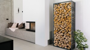 A modern living room with a fireplace, a sofa with cushions, a potted plant, and a wall-mounted fireplace screen.